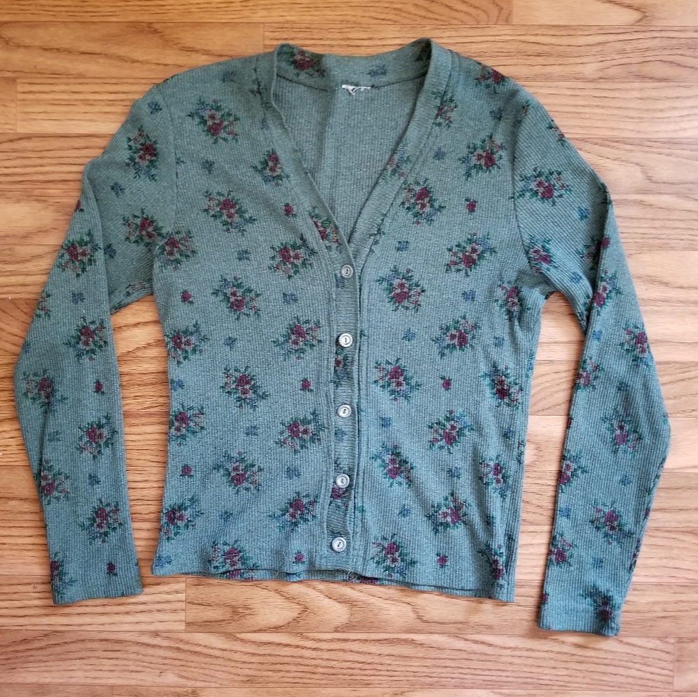 Green floral rib knit cardigan